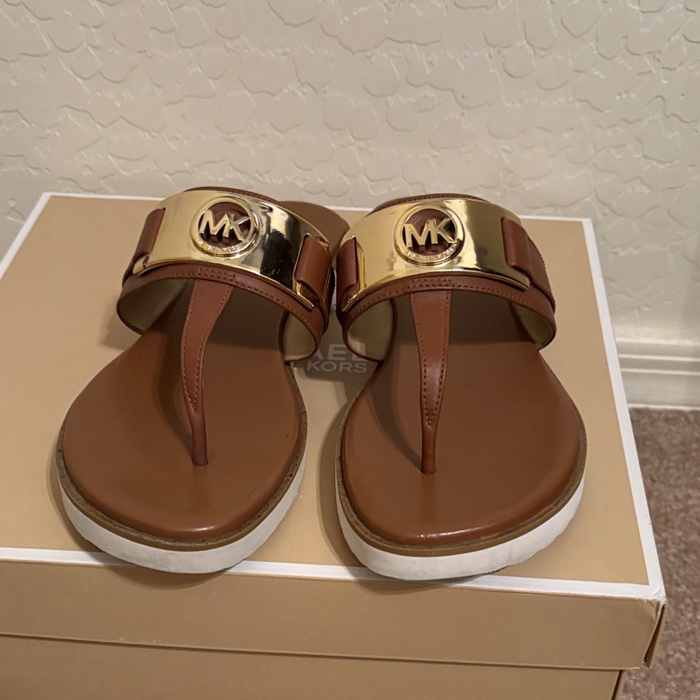 Michael Kors Gold and Tan Slide Sandals